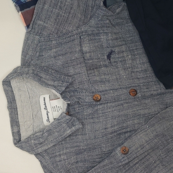 𝅺TOMMY BAHAMAS Denim Shirt + NWT OSHKOSH Plaid Bodysuit + Shorts + NWOT Sandals - Picture 2 of 6